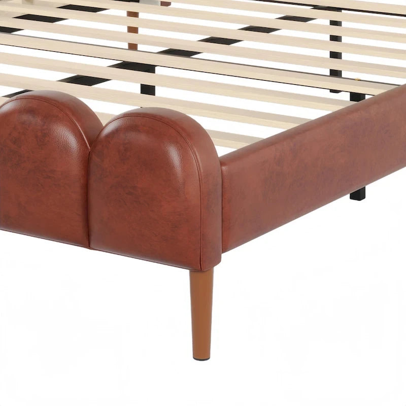 Lit tapissier en cuir avec tête et pied de lit, lattes et pieds en bois massif