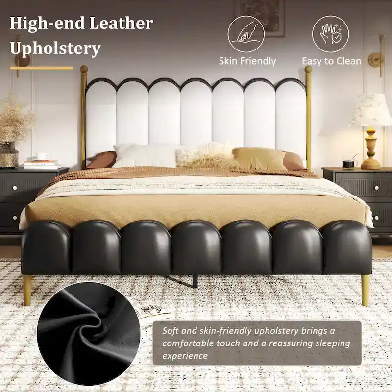 Lit tapissier en cuir avec tête et pied de lit, lattes et pieds en bois massif