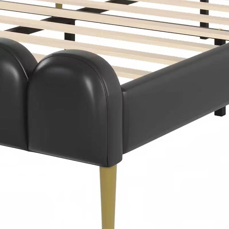 Lit tapissier en cuir avec tête et pied de lit, lattes et pieds en bois massif