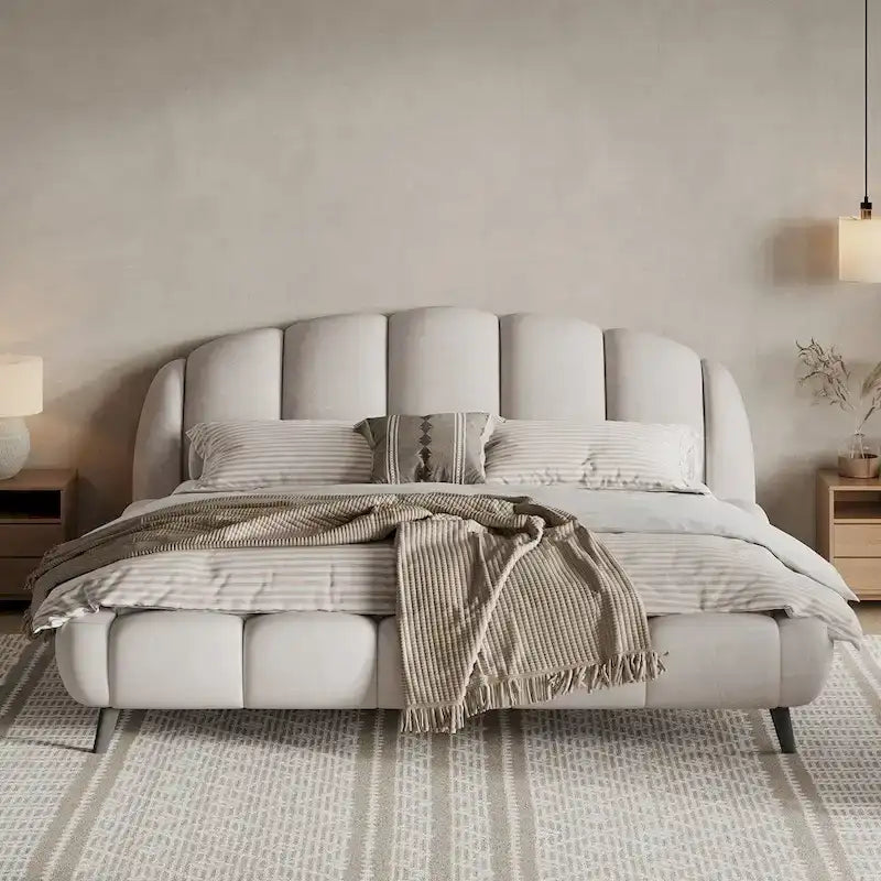 Lit plateforme King Size en chenille, design coquillage