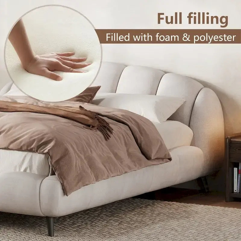 Lit plateforme King Size en chenille, design coquillage
