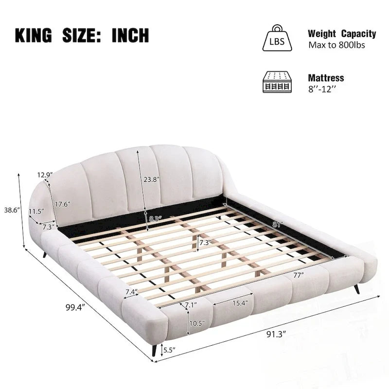 Lit plateforme King Size en chenille, design coquillage