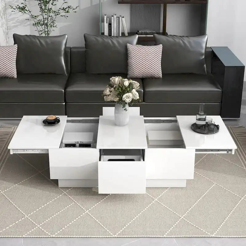 Table Basse Moderne et Élégante Table Basse Relevable avec 2 Grands Compartiments de Rangement et 2 Tiroirs, pour Salon