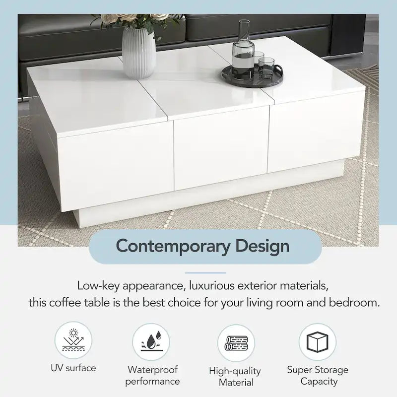 Table Basse Moderne et Élégante Table Basse Relevable avec 2 Grands Compartiments de Rangement et 2 Tiroirs, pour Salon