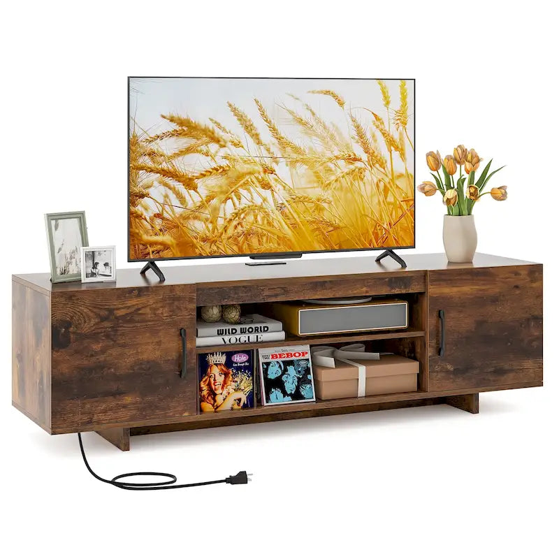 Meuble TV pour téléviseur de 70 pouces, meuble de divertissement moderne avec prise de courant