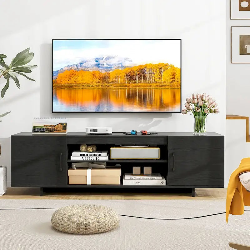 Meuble TV pour téléviseur de 70 pouces, meuble de divertissement moderne avec prise de courant
