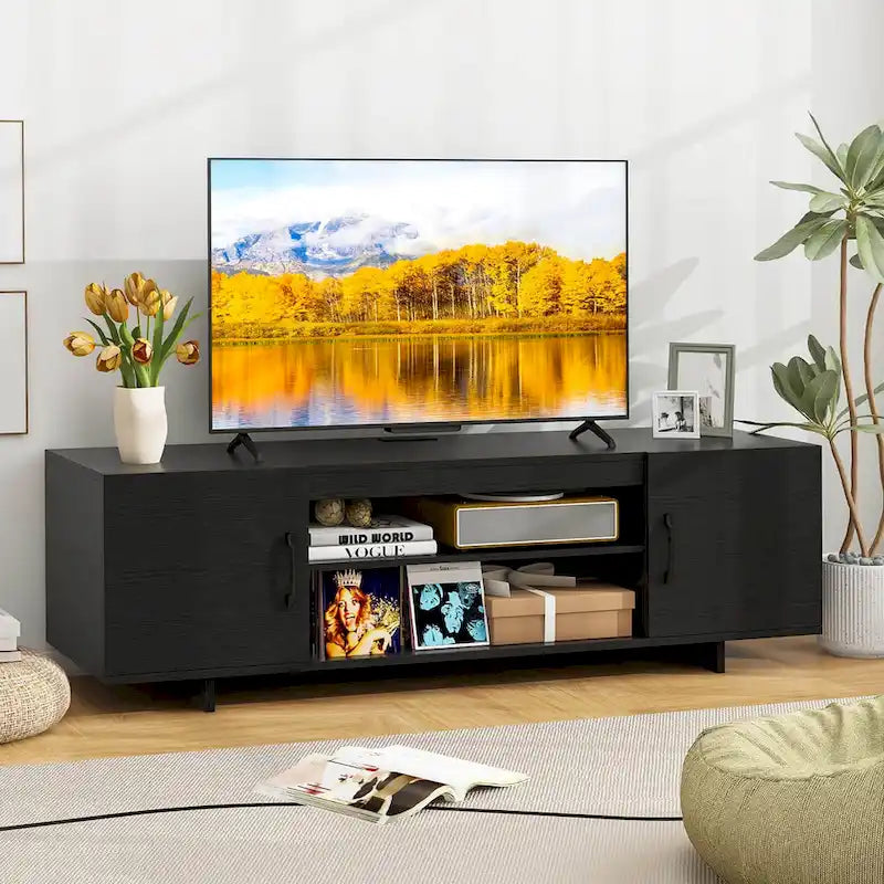 Meuble TV pour téléviseur de 70 pouces, meuble de divertissement moderne avec prise de courant