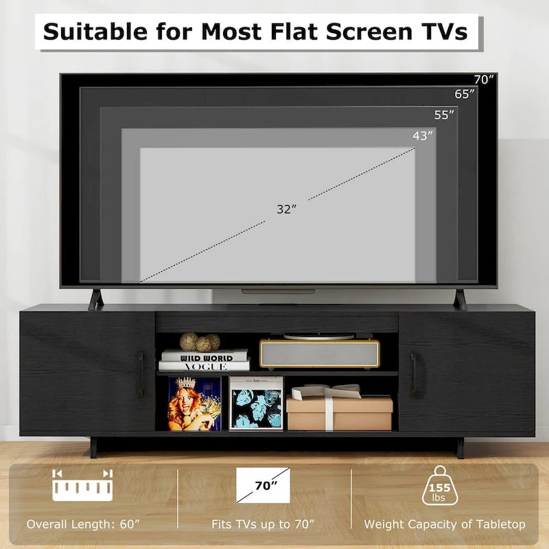 Meuble TV pour téléviseur de 70 pouces, meuble de divertissement moderne avec prise de courant