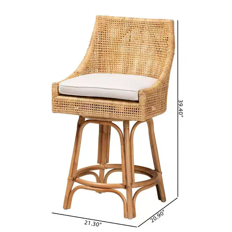 Baxton Studio Bella Tabouret de bar hauteur comptoir en rotin marron naturel/blanc : Polyester rembourré, cadre en acajou, aucun assemblage requis