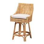 Baxton Studio Bella Tabouret de bar hauteur comptoir en rotin marron naturel/blanc : Polyester rembourré, cadre en acajou, aucun assemblage requis