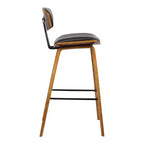 Tabouret de bar Armen Living 26 po Fox Mid-Century, hauteur comptoir, en similicuir marron avec bois de noyer : assise carrée rembourrée, dossier rembourré
