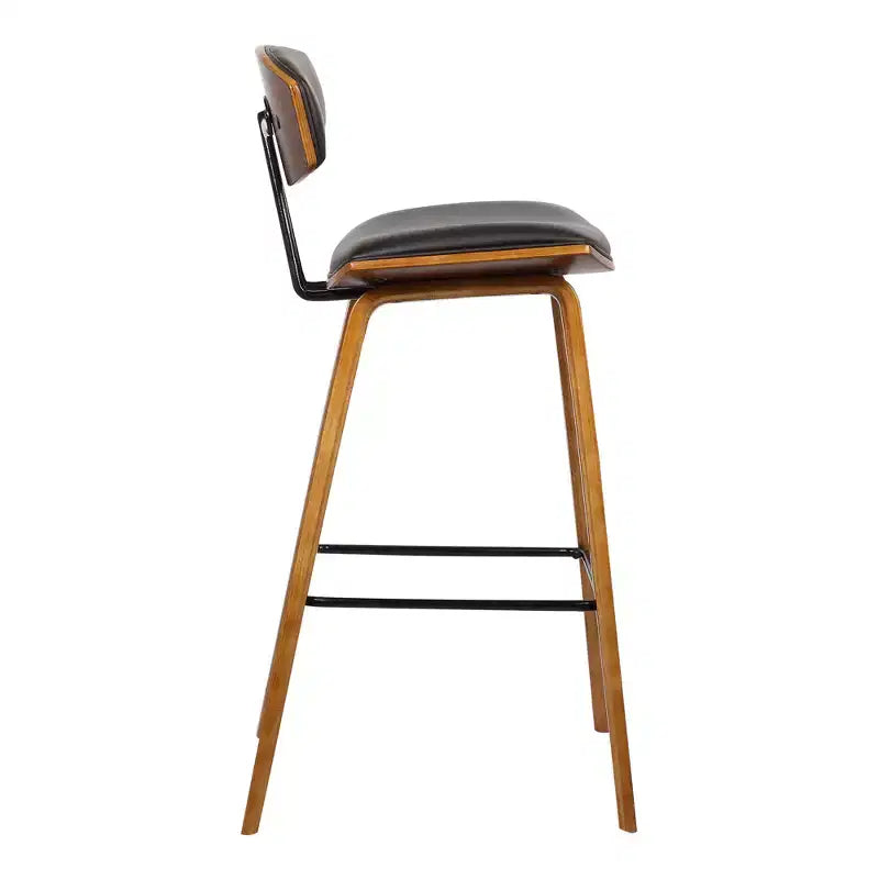 Tabouret de bar Armen Living 26 po Fox Mid-Century, hauteur comptoir, en similicuir marron avec bois de noyer : assise carrée rembourrée, dossier rembourré