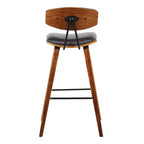 Tabouret de bar Armen Living 26 po Fox Mid-Century, hauteur comptoir, en similicuir marron avec bois de noyer : assise carrée rembourrée, dossier rembourré