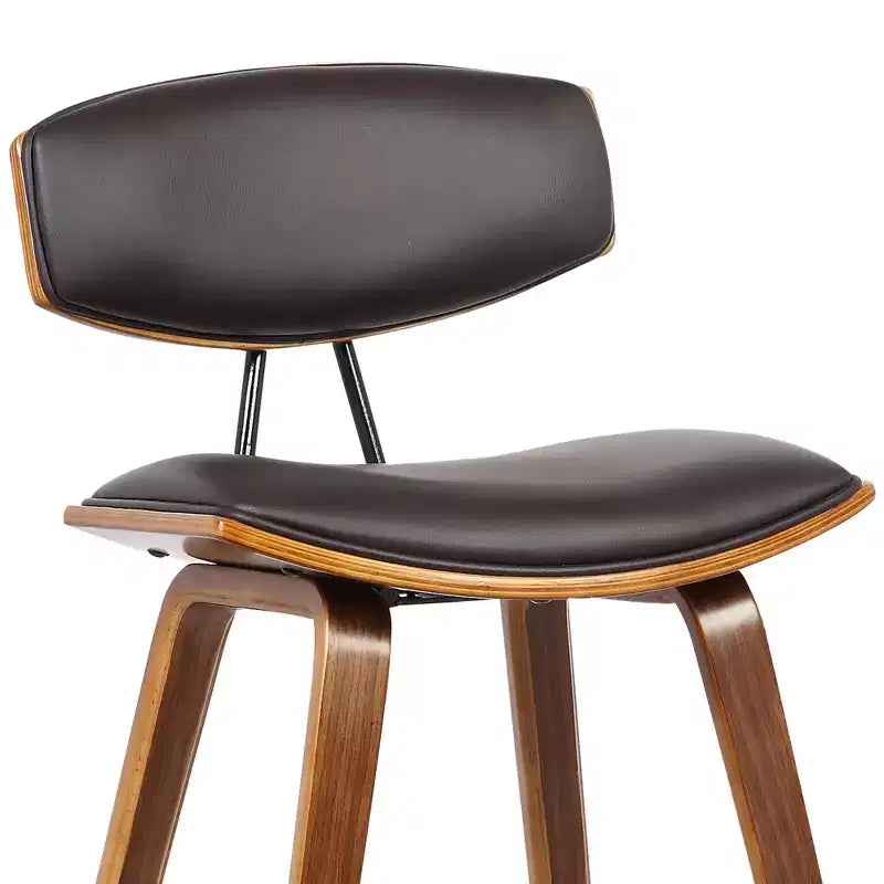 Tabouret de bar Armen Living 26 po Fox Mid-Century, hauteur comptoir, en similicuir marron avec bois de noyer : assise carrée rembourrée, dossier rembourré