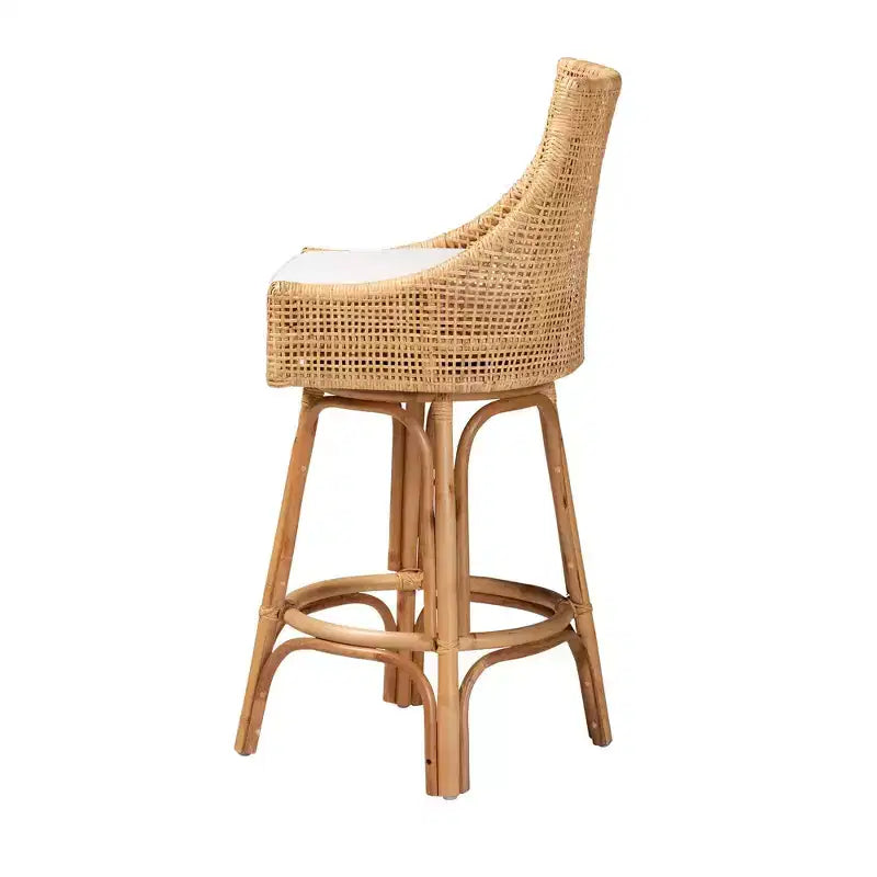 Tabouret de bar Bella Rattan Brun naturel/Blanc - Baxton Studio : Design bohème, Coussin en mousse, Aucun assemblage requis