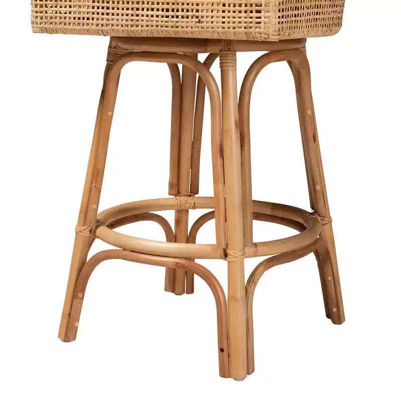 Tabouret de bar Bella Rattan Brun naturel/Blanc - Baxton Studio : Design bohème, Coussin en mousse, Aucun assemblage requis