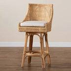 Tabouret de bar Bella Rattan Brun naturel/Blanc - Baxton Studio : Design bohème, Coussin en mousse, Aucun assemblage requis