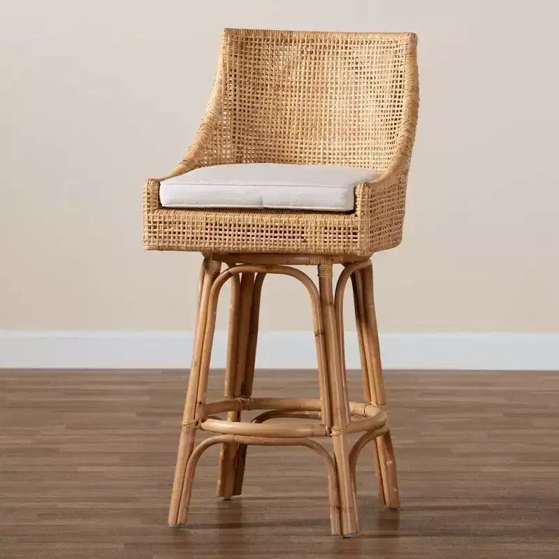 Tabouret de bar Bella Rattan Brun naturel/Blanc - Baxton Studio : Design bohème, Coussin en mousse, Aucun assemblage requis