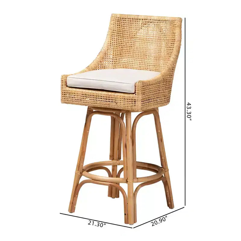 Tabouret de bar Bella Rattan Brun naturel/Blanc - Baxton Studio : Design bohème, Coussin en mousse, Aucun assemblage requis