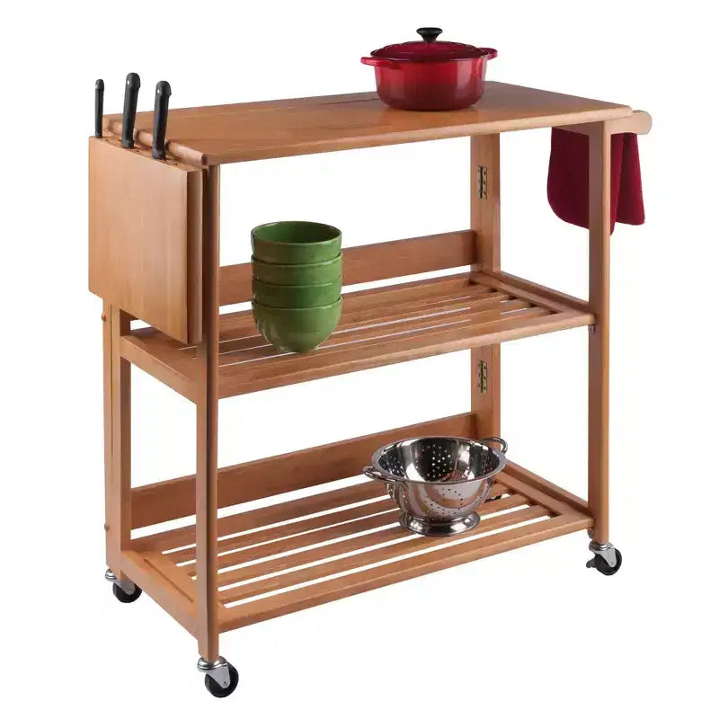 Chariot Pliant Bois/Chêne Clair - Winsome : Chariot de Cuisine Traditionnel, Cadre en Bois Franc, Finition Satinée, Roues Blocables, 2 Étagères