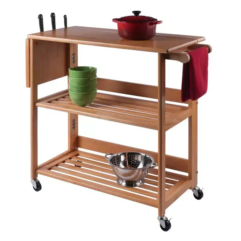 Chariot Pliant Bois/Chêne Clair - Winsome : Chariot de Cuisine Traditionnel, Cadre en Bois Franc, Finition Satinée, Roues Blocables, 2 Étagères