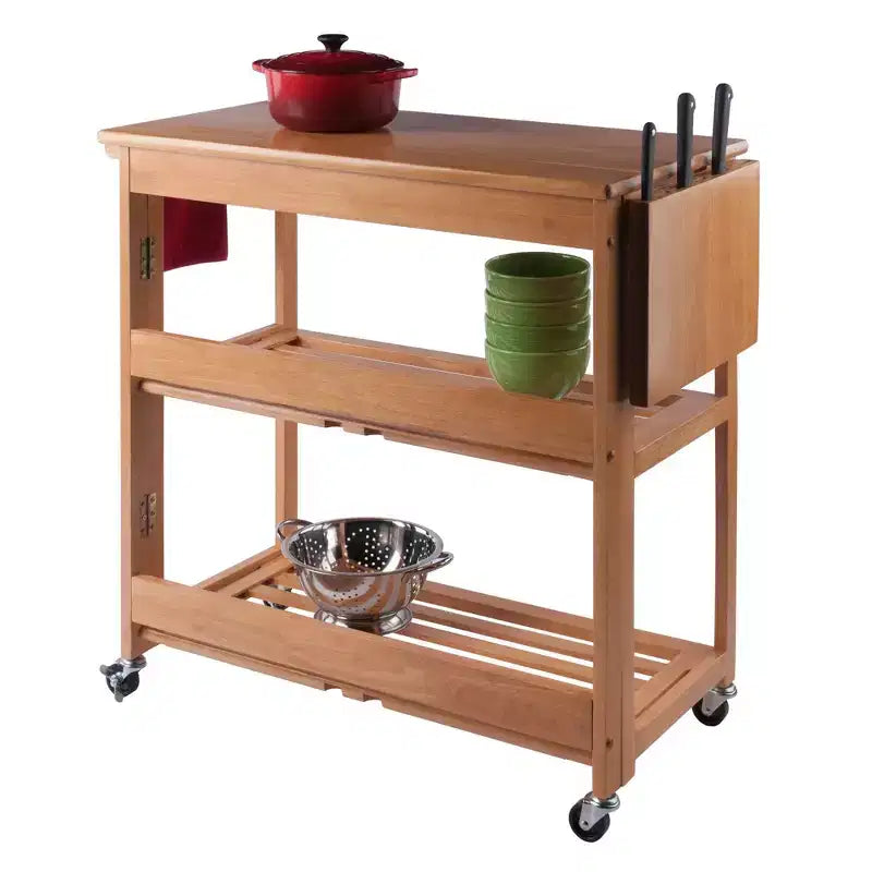 Chariot Pliant Bois/Chêne Clair - Winsome : Chariot de Cuisine Traditionnel, Cadre en Bois Franc, Finition Satinée, Roues Blocables, 2 Étagères