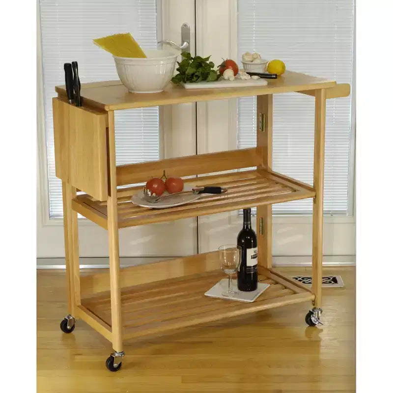 Chariot Pliant Bois/Chêne Clair - Winsome : Chariot de Cuisine Traditionnel, Cadre en Bois Franc, Finition Satinée, Roues Blocables, 2 Étagères