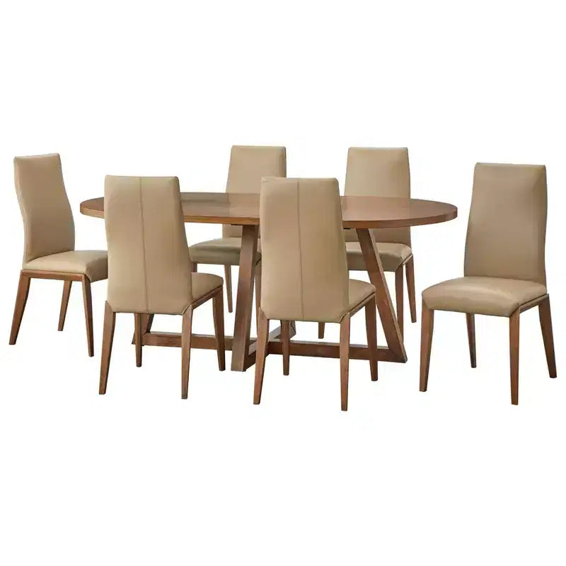 Lifestorey 7pc Valissa Modern Dining Set with Leather Chairs Walnut/Taupe