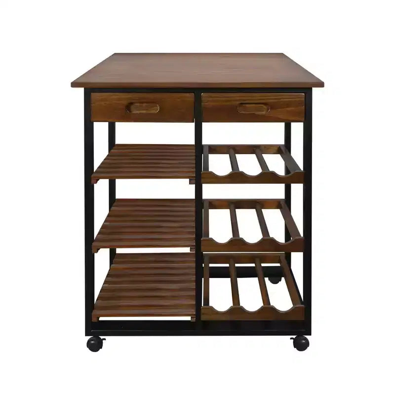 28" Solid Wood Rolling Kitchen Cart with Wine Rack and Drawer Dark Brown - Flora Home: Mobile Island Trolley, 6 Shelves, Locking Wheels
