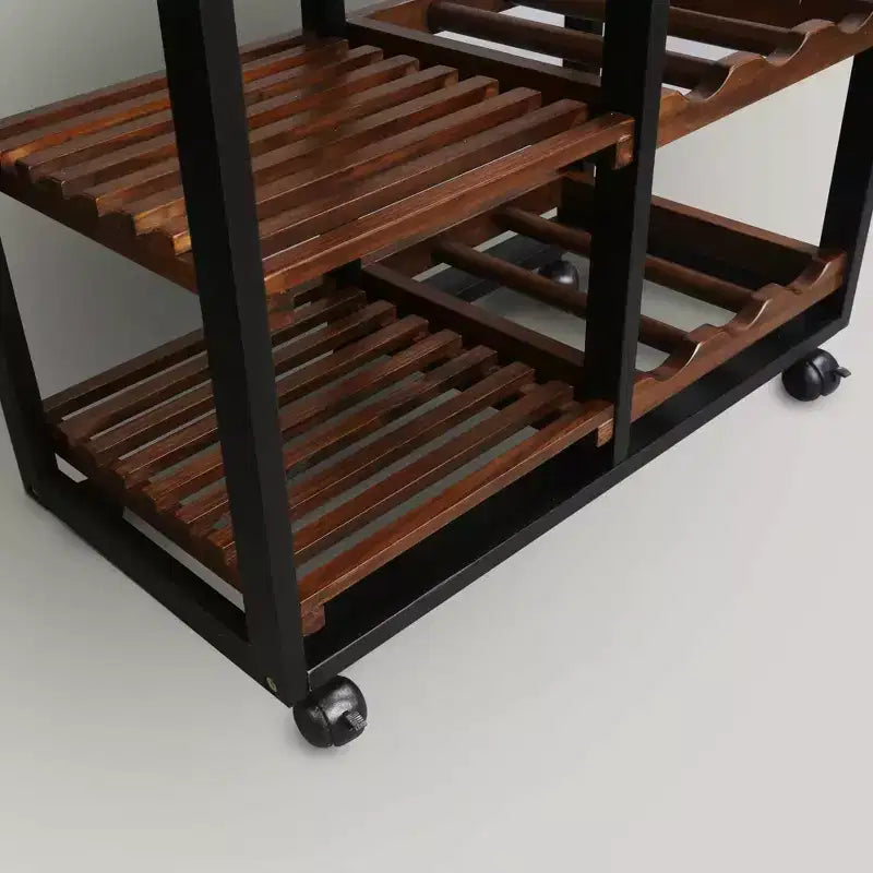 Chariot de cuisine roulant en bois massif de 28 po avec casier à vin et tiroir marron foncé - Flora Home : desserte îlot mobile, 6 étagères, roulettes verrouillables