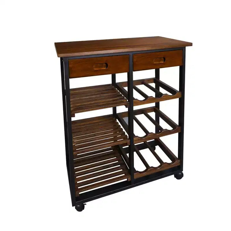 Chariot de cuisine roulant en bois massif de 28 po avec casier à vin et tiroir marron foncé - Flora Home : desserte îlot mobile, 6 étagères, roulettes verrouillables