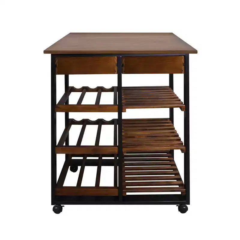 Chariot de cuisine roulant en bois massif de 28 po avec casier à vin et tiroir marron foncé - Flora Home : desserte îlot mobile, 6 étagères, roulettes verrouillables