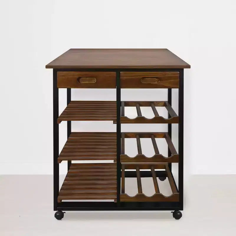 Chariot de cuisine roulant en bois massif de 28 po avec casier à vin et tiroir marron foncé - Flora Home : desserte îlot mobile, 6 étagères, roulettes verrouillables