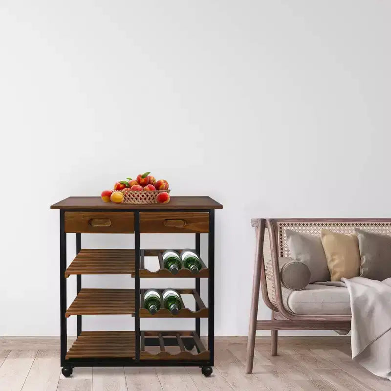 Chariot de cuisine roulant en bois massif de 28 po avec casier à vin et tiroir marron foncé - Flora Home : desserte îlot mobile, 6 étagères, roulettes verrouillables