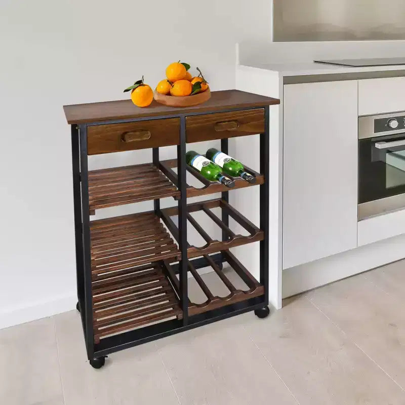Chariot de cuisine roulant en bois massif de 28 po avec casier à vin et tiroir marron foncé - Flora Home : desserte îlot mobile, 6 étagères, roulettes verrouillables