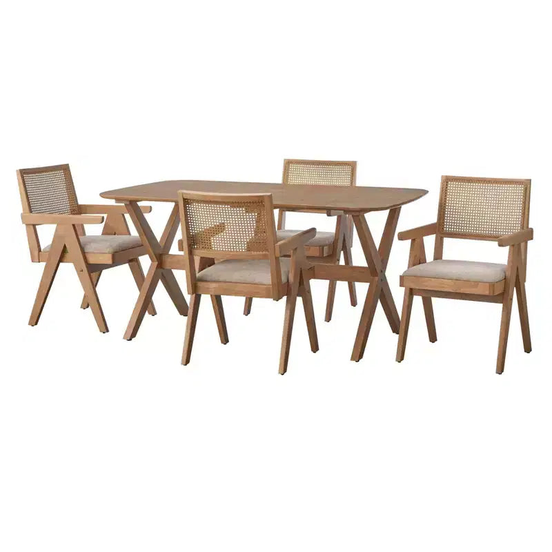 Lifestorey 5pc Baywood Mid Century Solid Wood Dining Set with Arm Chair Light Oak/Beige
