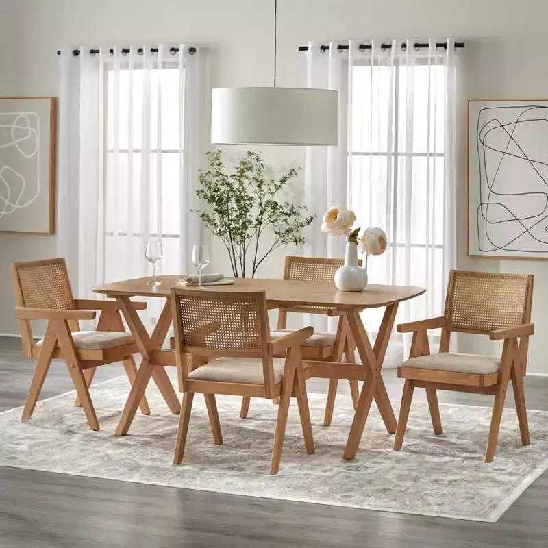 Lifestorey Ensemble de salle à manger 5 pièces en bois massif Baywood Mid-Century avec fauteuil, chêne clair/beige