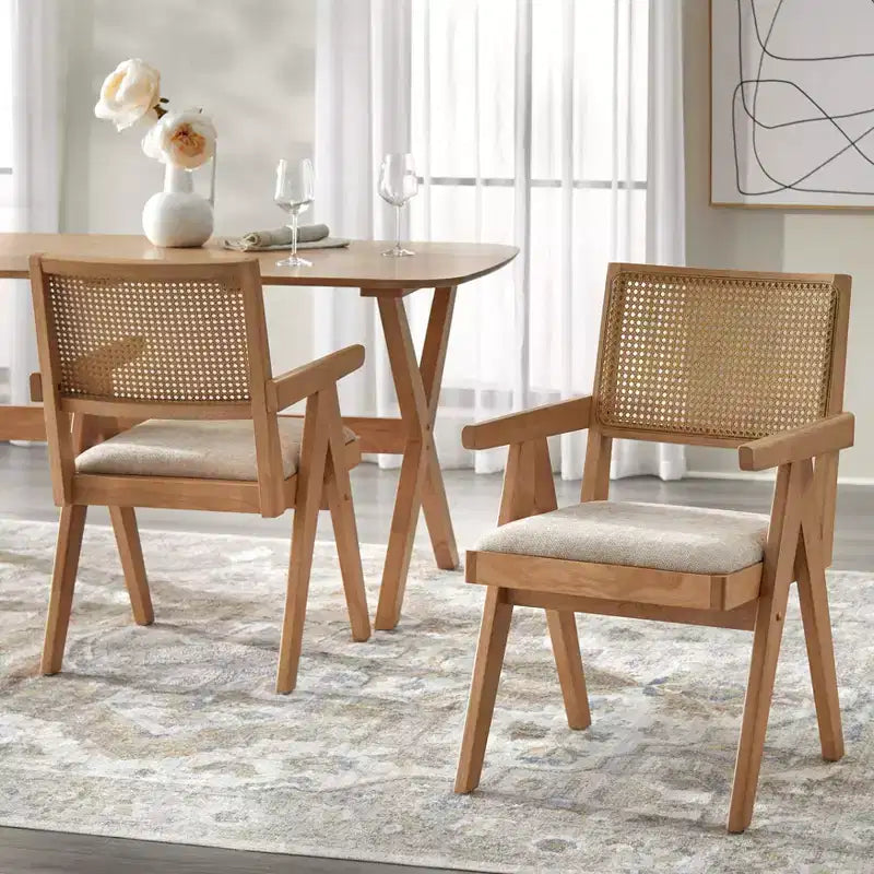 Lifestorey Ensemble de salle à manger 5 pièces en bois massif Baywood Mid-Century avec fauteuil, chêne clair/beige