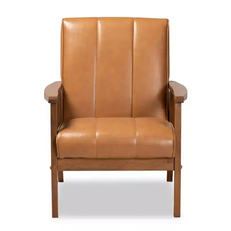Fauteuil de salon Nikko Mid-Century en bois et similicuir Noyer/Brun - Baxton Studio : Sans accoudoirs, cadre en bois d'hévéa, motif classique