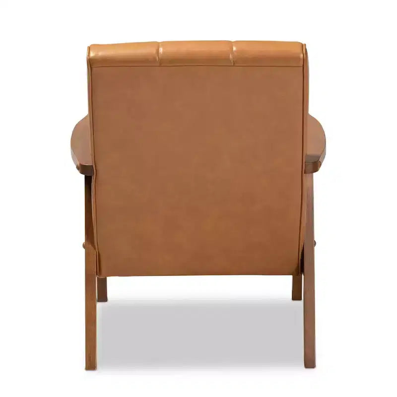 Fauteuil de salon Nikko Mid-Century en bois et similicuir Noyer/Brun - Baxton Studio : Sans accoudoirs, cadre en bois d'hévéa, motif classique