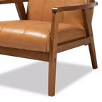 Fauteuil de salon Nikko Mid-Century en bois et similicuir Noyer/Brun - Baxton Studio : Sans accoudoirs, cadre en bois d'hévéa, motif classique