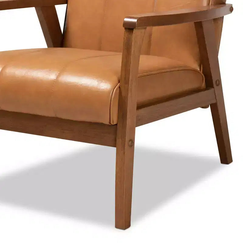 Fauteuil de salon Nikko Mid-Century en bois et similicuir Noyer/Brun - Baxton Studio : Sans accoudoirs, cadre en bois d'hévéa, motif classique