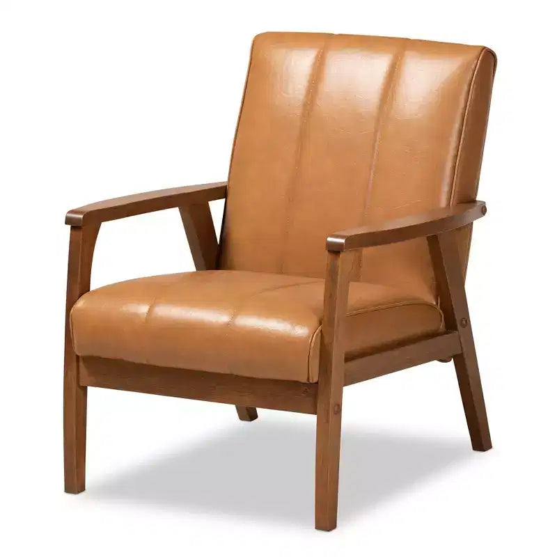 Fauteuil de salon Nikko Mid-Century en bois et similicuir Noyer/Brun - Baxton Studio : Sans accoudoirs, cadre en bois d'hévéa, motif classique