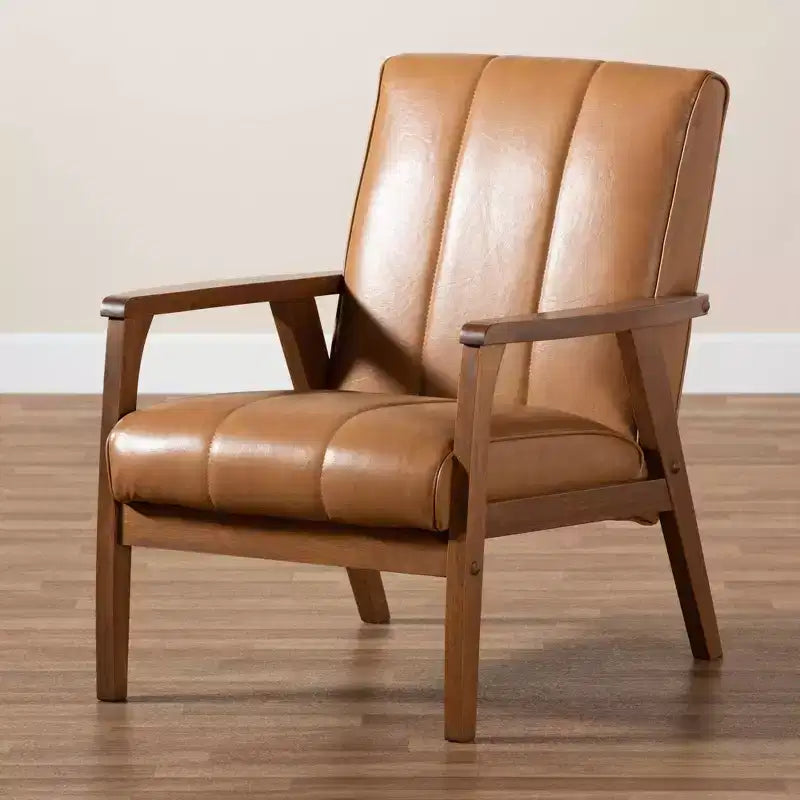 Fauteuil de salon Nikko Mid-Century en bois et similicuir Noyer/Brun - Baxton Studio : Sans accoudoirs, cadre en bois d'hévéa, motif classique