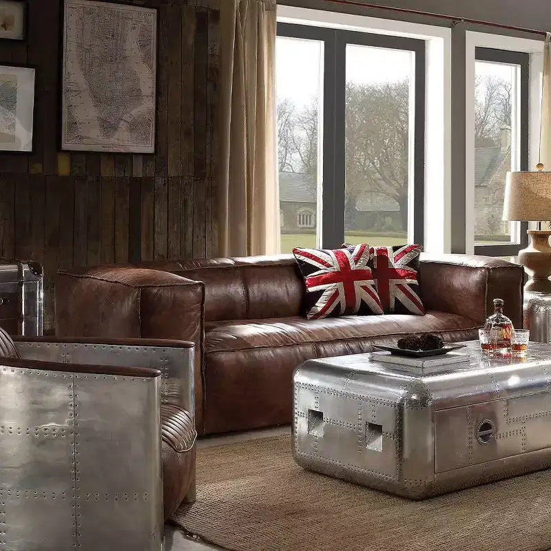 Canapés Brancaster 98 po en cuir pleine fleur marron rétro – Acme Furniture : Style vintage, accents en aluminium, 5 places