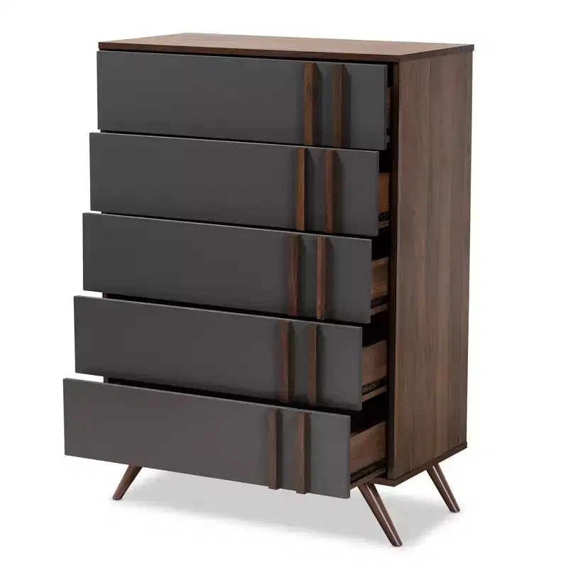 Commode à 5 tiroirs Naoki en bois gris/noyer - Baxton Studio : Rangement moderne, pieds évasés