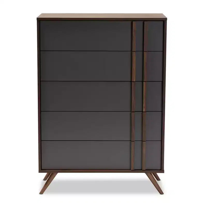Commode à 5 tiroirs Naoki en bois gris/noyer - Baxton Studio : Rangement moderne, pieds évasés