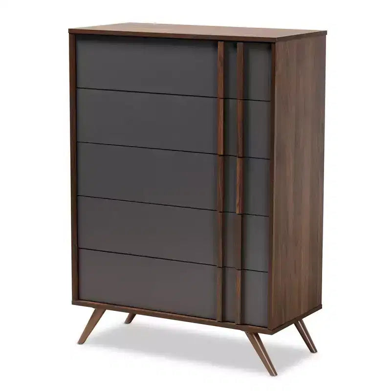 Commode à 5 tiroirs Naoki en bois gris/noyer - Baxton Studio : Rangement moderne, pieds évasés