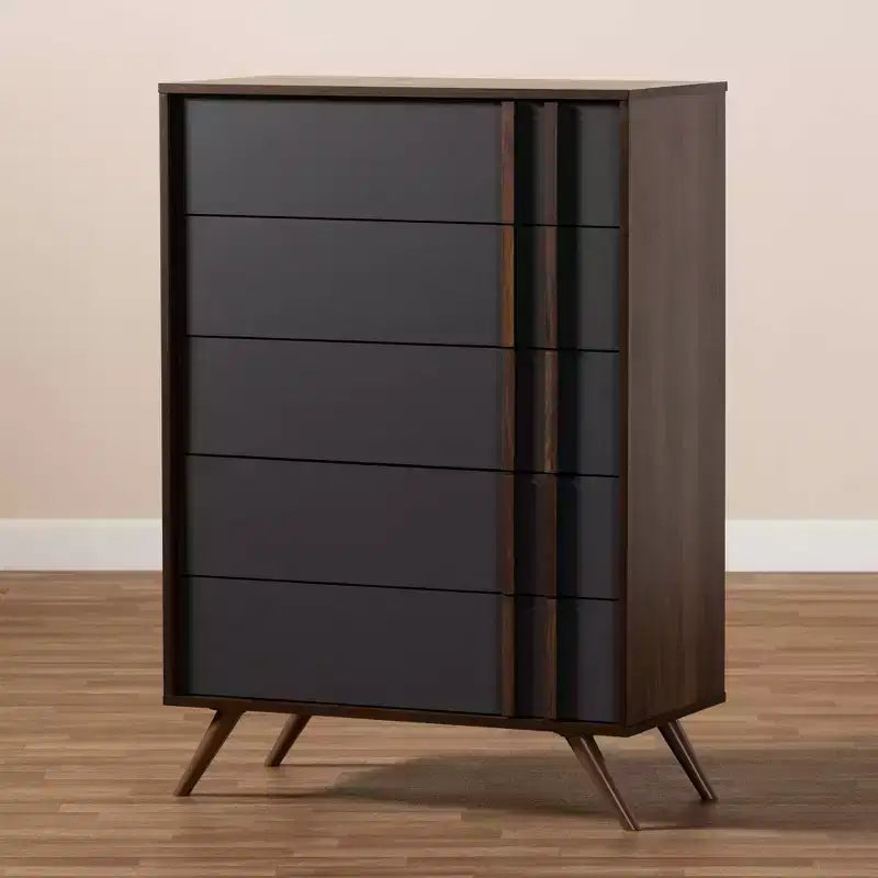 Commode à 5 tiroirs Naoki en bois gris/noyer - Baxton Studio : Rangement moderne, pieds évasés