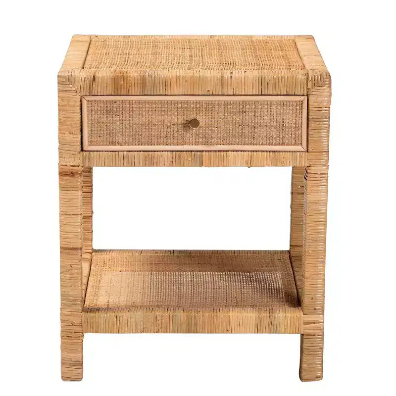 Adelia Natural Rattan & Mahogany 1 Drawer Nightstand with Shelf - Baxton Studio